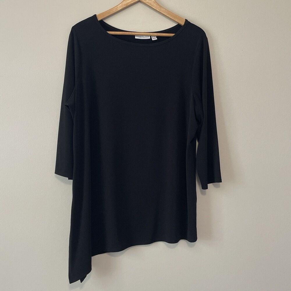 Susan Graver Liquid Knit Tunic Top XL Black Asymmetric Hem Office Travel Basic
